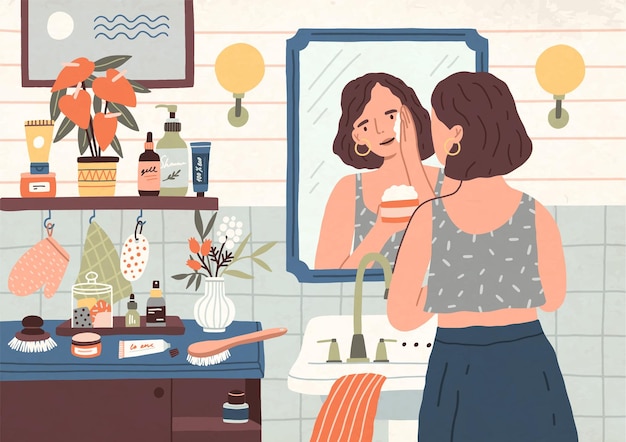 Cute young woman standing in front of mirror and cleansing or moisturizing her skin. Everyday personal care, skincare daily routine, hygienic procedure. Flat cartoon colorful vector illustration.