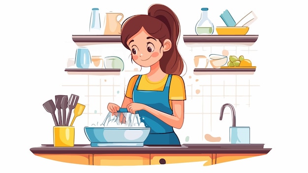 Cute Young Woman Washing Dishes Lifestyle Illustration