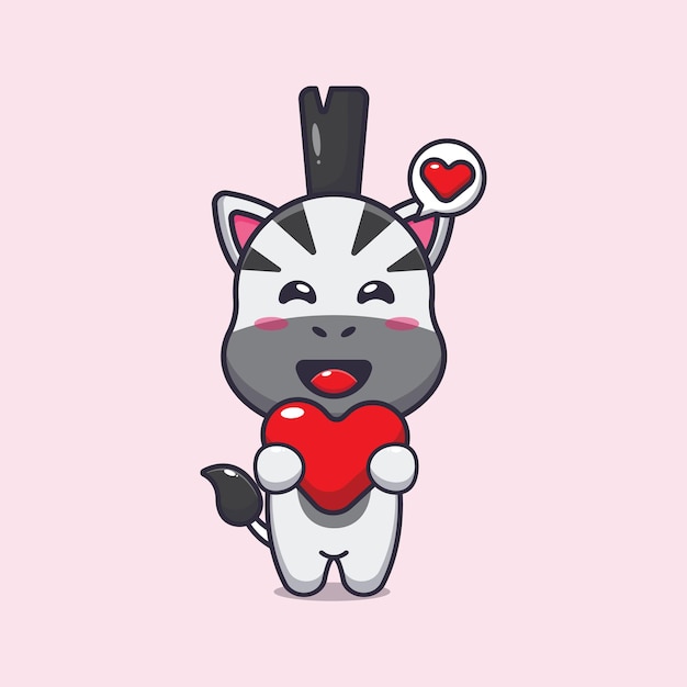 cute zebra cartoon character holding love heart