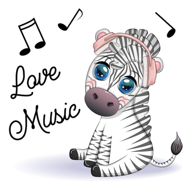 Cute zebra in headphones love for music Notes and treble clefs