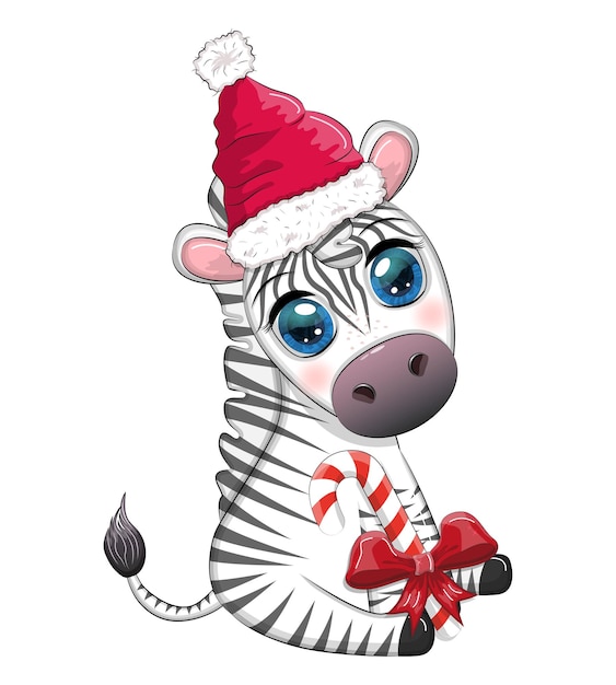 Cute zebra in santa hat with christmas ball candy kane gift Wildlife holidays cartoon character