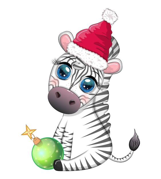 Cute zebra in santa hat with christmas ball candy kane gift Wildlife holidays cartoon character