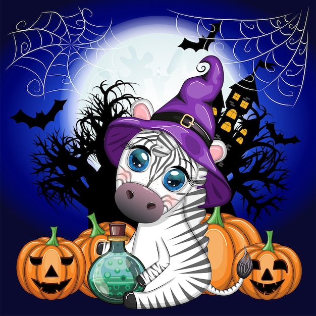 Cute zebra in witch hat with broom pumpkin jack magic potion Poster card label and decoration for Halloween