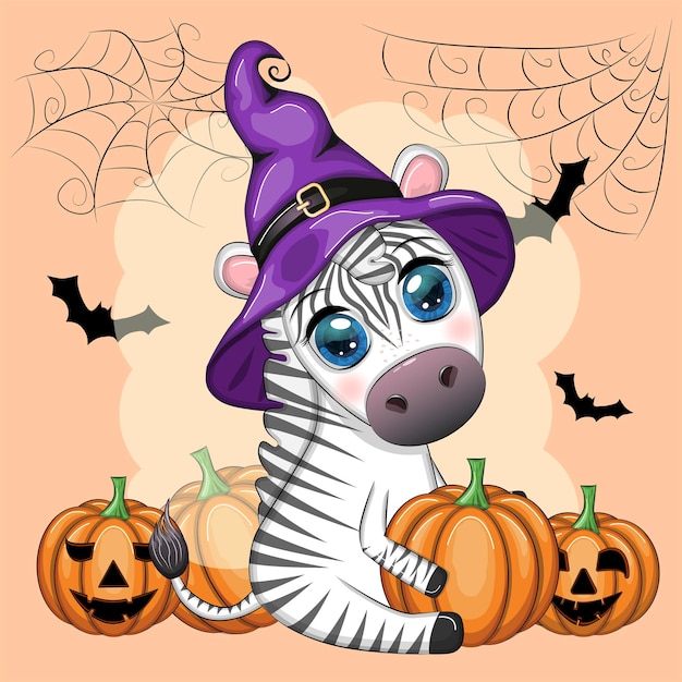 Cute zebra in witch hat with broom pumpkin jack magic potion Poster card label and decoration for Halloween