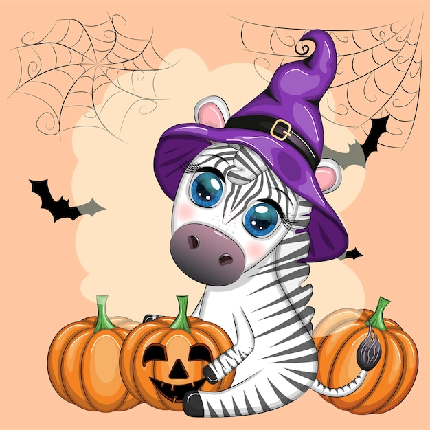 Cute zebra in witch hat with broom pumpkin jack magic potion Poster card label and decoration for Halloween