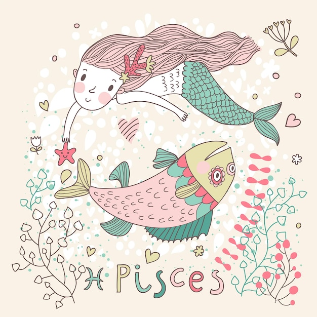 Cute zodiac sign  Pisces Vector illustration