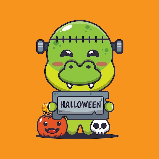 Cute zombie dino holding halloween greeting stone. 
Cute halloween cartoon illustration.