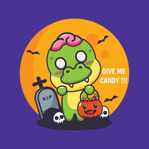 Cute zombie dino want candy. 
Cute halloween cartoon illustration.