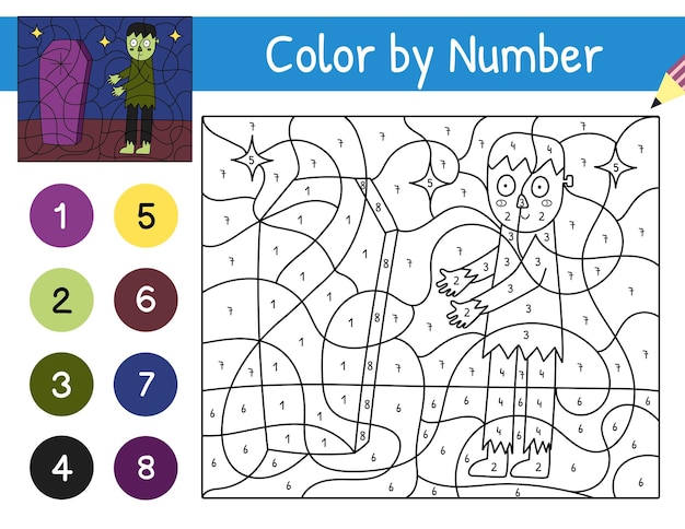 Cute zombie with coffin color by number game for kids. Coloring page with Halloween character