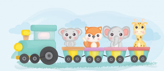 Vector cute zoo animals stainging on a train.