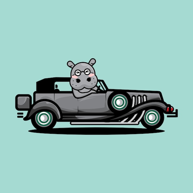 the cutest hippo driving classic car flat cartoon illustration on vector