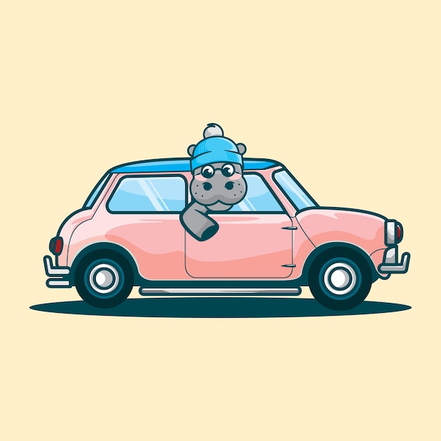 the cutest hippo driving cooper cartoon vector ilustration