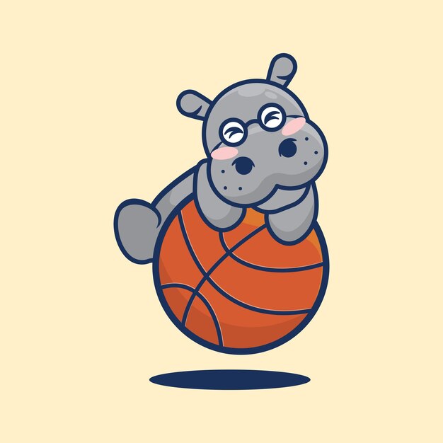 the cutest hippo laying in basketball flat cartoon illustration on vector