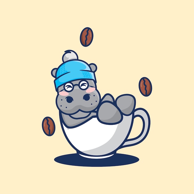 the cutest hippo laying in a coffee cup flat cartoon illustration on vector