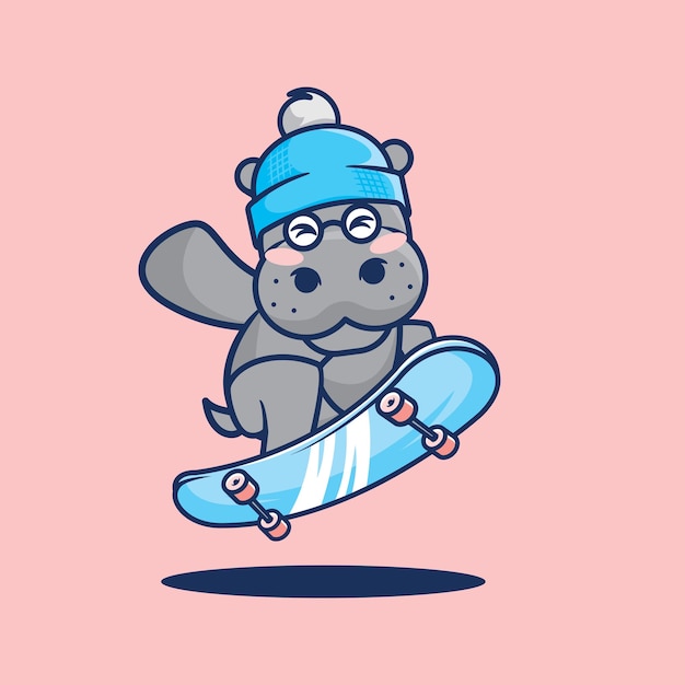 the cutest hippo playing skateboard flat cartoon illustration on vector