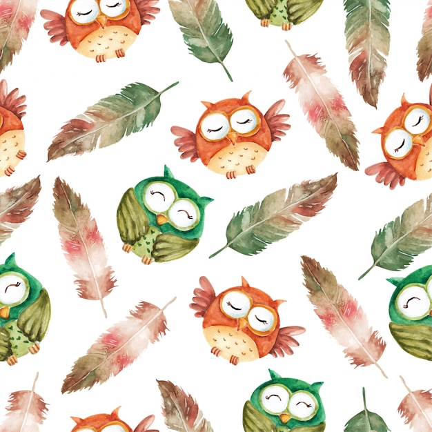 Cutest owl character and feathers watercolor seamless pattern