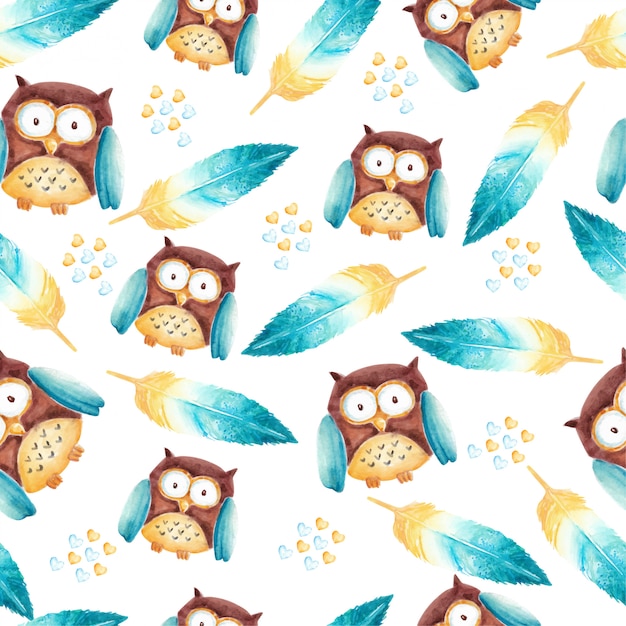 Cutest owl and feathers watercolor seamless pattern