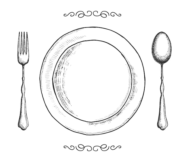 Cutlery fork spoon and plate vector sketch hand drawing isolated