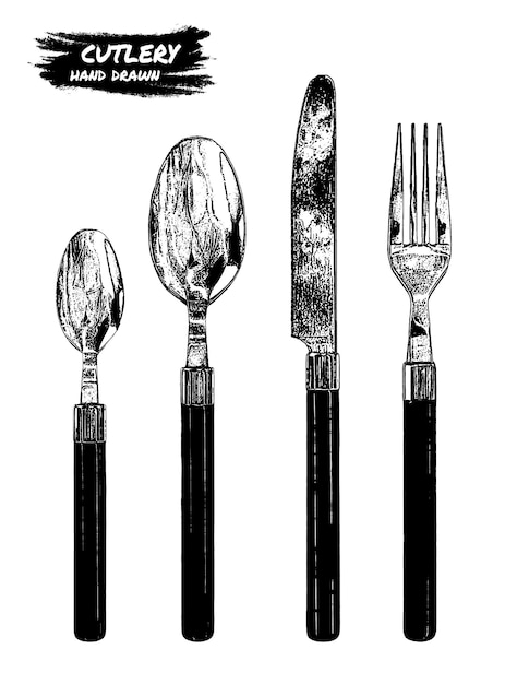 Cutlery hand drawing vector illustration Isolated spoons fork and knife