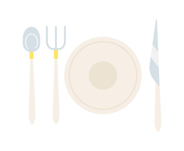 Vector cutlery setting 2d cartoon object banquet flatware isolated vector item white background fork knife spoon with plate silverware place setting weddings utensil color flat spot illustration