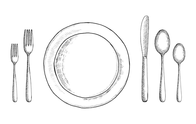 Cutlery vector sketch set spoon fork and knife near the plate table setting