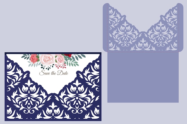 Cutout Damask Wedding invitation pocket envelope Laser cut template vector