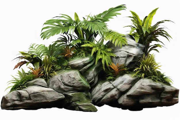 Cutout rock surrounded by plants Decorative shrub for landscaping