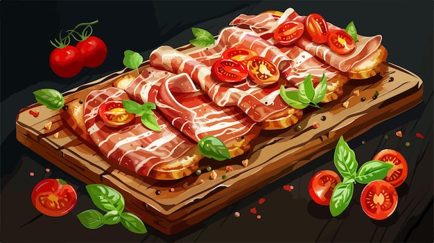 Vector a cutting board with bacon and tomatoes