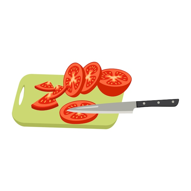 Cutting board with chopped tomatoes and a knife