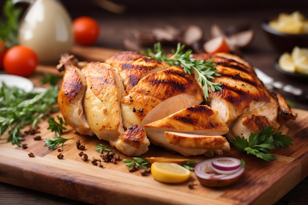 Vector cutting board with delicious sliced turkey fillet and vegetables on table