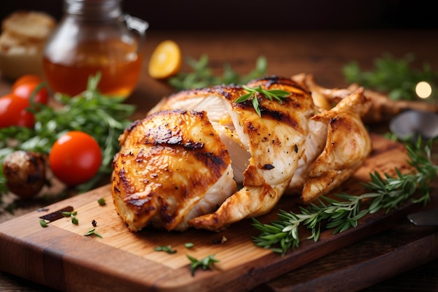 Vector cutting board with delicious sliced turkey fillet and vegetables on table