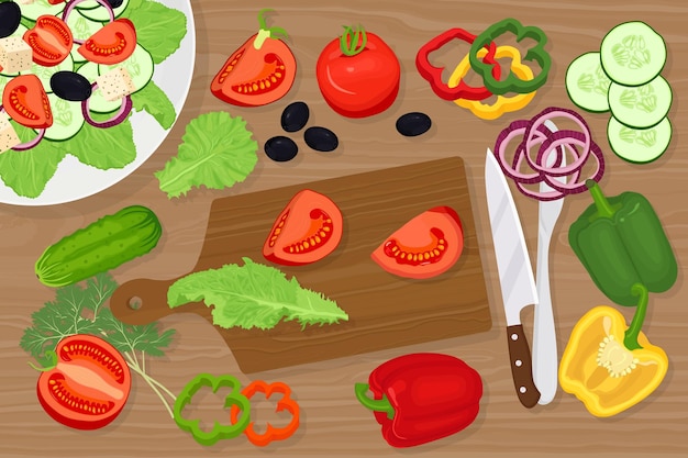 Cutting board with vegetables and knife illustration