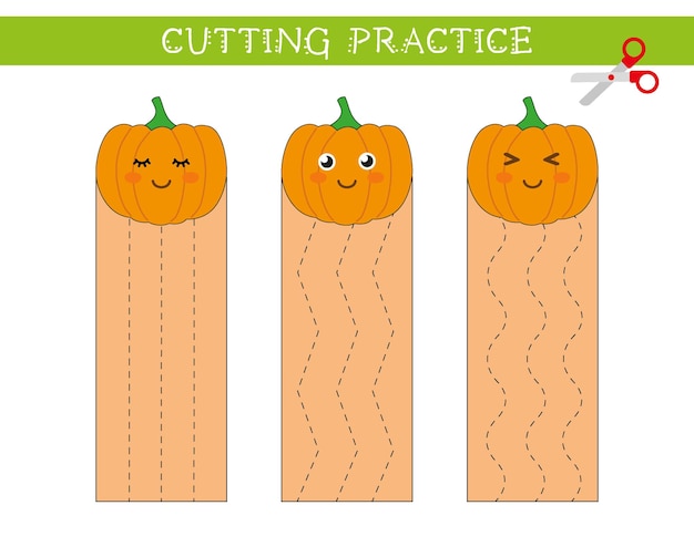 Cutting practice activity for kids Preschool educational worksheet Fine motor skills Pumpkins