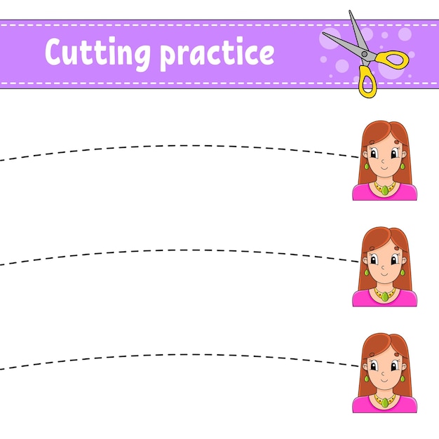 Cutting practice for kids Education developing worksheet Activity page Color game for children Vector illustration