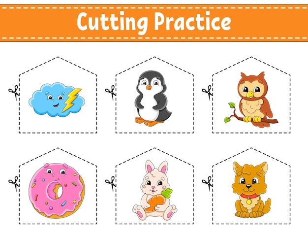 Cutting practice for kids Education developing worksheet Activity page Vector illustration