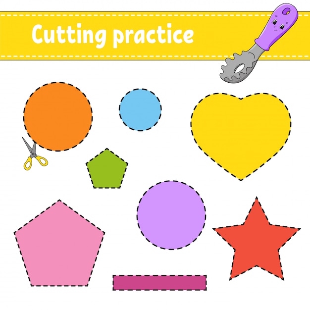 Cutting practice for kids. Education developing worksheet. Activity page with pictures.