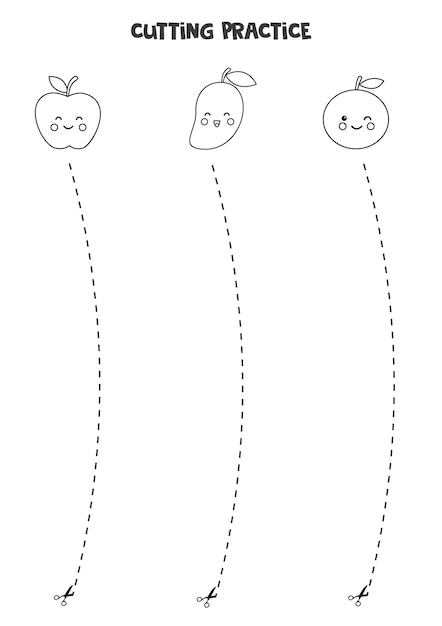 Cutting practice for preschool kids. Cut by dashed line. Cute kawaii fruits.