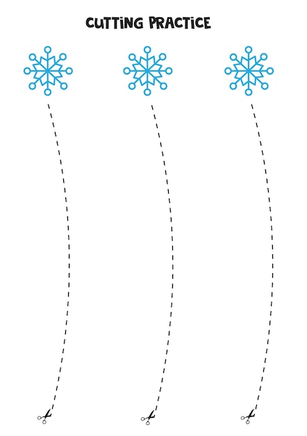 Cutting practice for preschool kids. Cut by dashed line. Winter snowflakes.