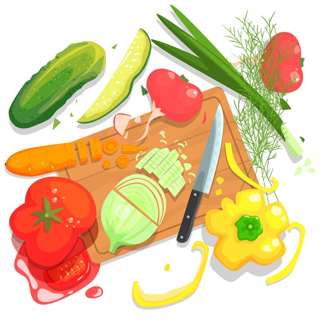 Vector cutting vegetables illustration, with  board and fresh crops