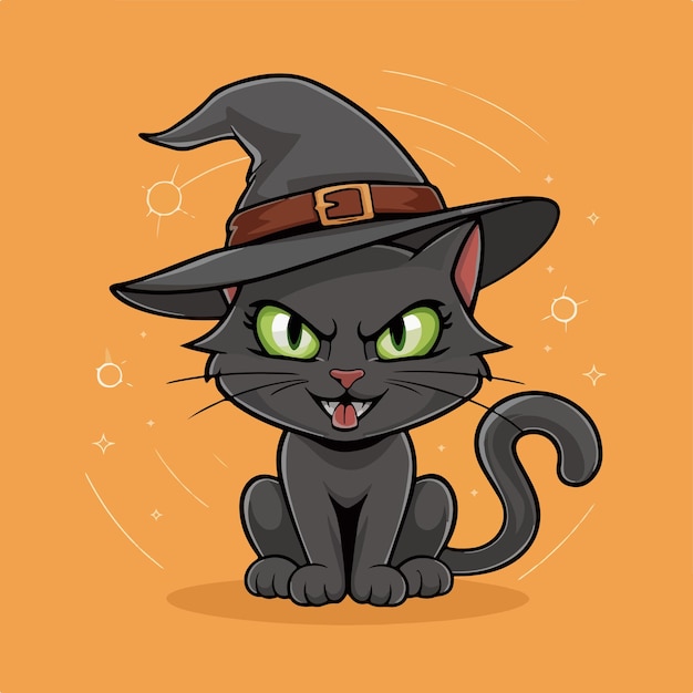 Cutw black cat with witch hat icon illustration