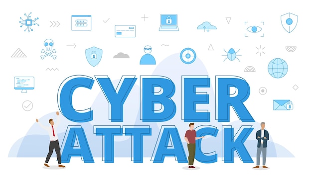 Cyber attack concept with big words and people surrounded by related icon with blue color style