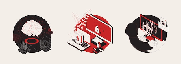 Cyber attack set of three isolated round illustration