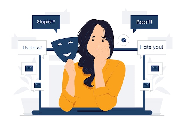 Cyber bullying with victim feeling frustrating suffer and depression getting bad toxic insult text message concept illustration