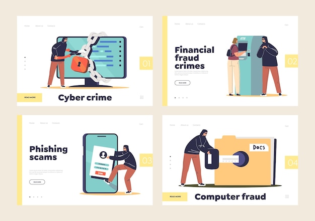 Cyber crimes set of landing pages with hackers stealing personal data banking credentials