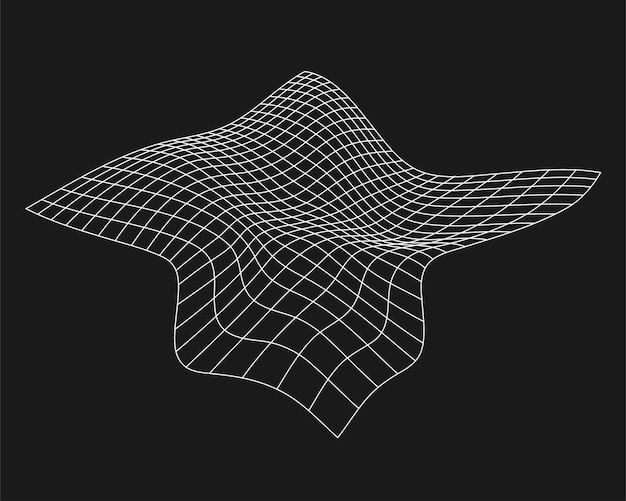 Cyber distorted grid retro punk design element Wireframe wave geometry grid on black background Vector illustration