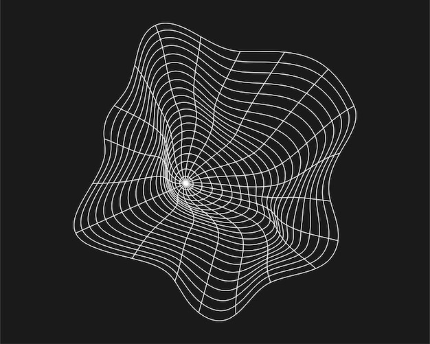 Cyber distorted grid retro punk design element Wireframe wave geometry grid on black background Vector illustration