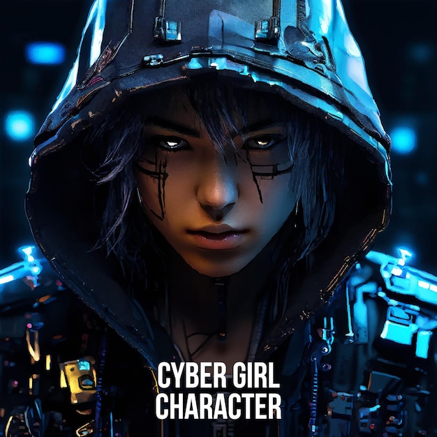 Cyber girl character with black background