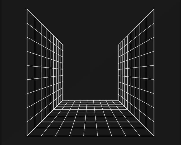 Cyber grid retro punk perspective rectangular tunnel Grid tunnel geometry on black background Vector illustration