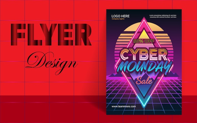 Vector cyber monday banner in fashionable neon style nightly advertising of sales of cyber monday offer