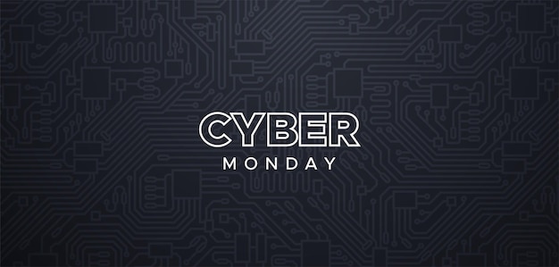 Cyber Monday commercial event Sale banner design Annual electronics sale Vector illustration Typography sign on black background with circuit board pattern